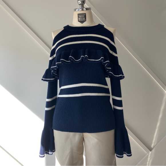 Self-Portrait Navy Blue Frill Cut-Out Shoulder Wool Sweater - S - Picture 3 of 13